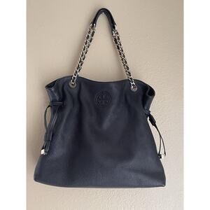 Tory Burch Marion Large Black Leather Tote with Chain Strap